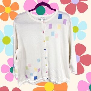 Vintage C.J. Banks white cardigan sweater with spring colored pastel squares